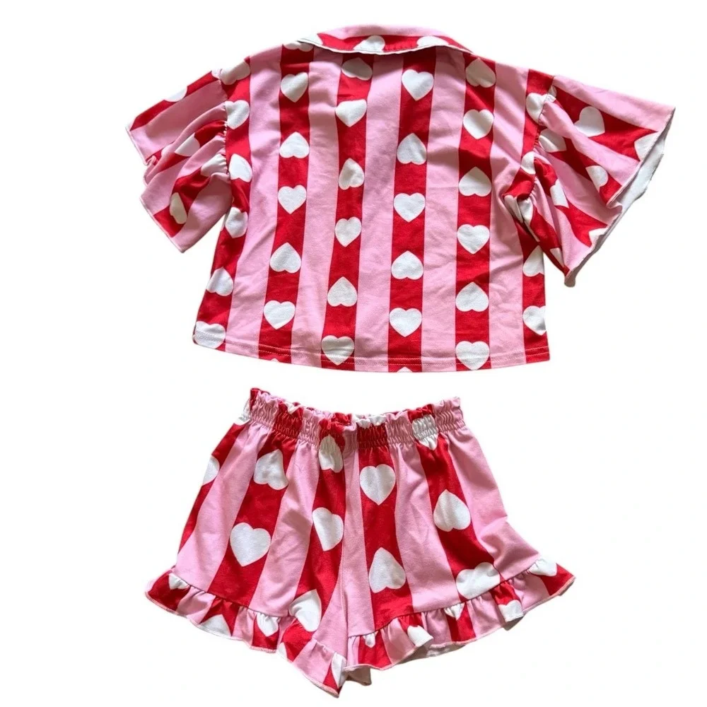 BTWEEN Girls Heart Pajama Set Pink Red Stripe w/ Gem Button Accents & Shorts 5/6